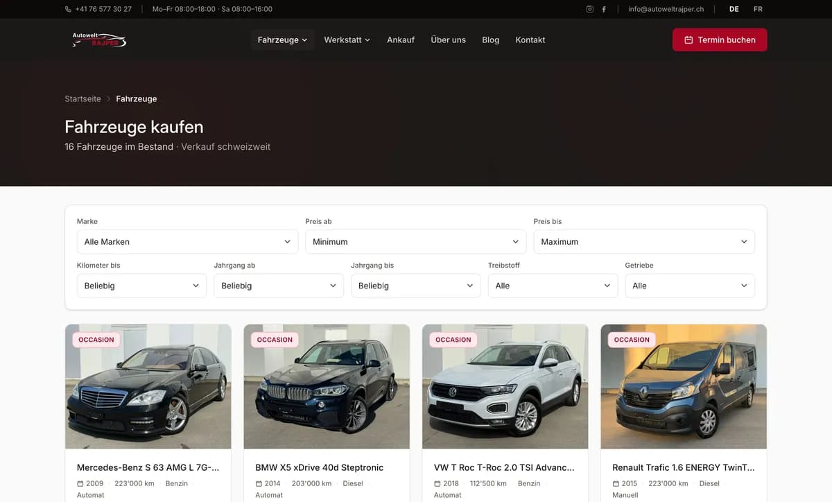 Fahrzeugübersicht von autoweltrajper.ch mit Live-Bestand aus AutoScout24