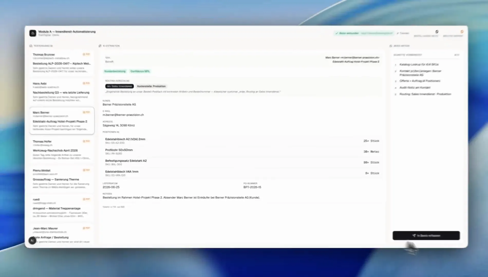 Bexio-Auftrags-Autopilot: eingehende PDF-Bestellungen werden per KI erfasst und automatisch als Auftrag in Bexio angelegt.